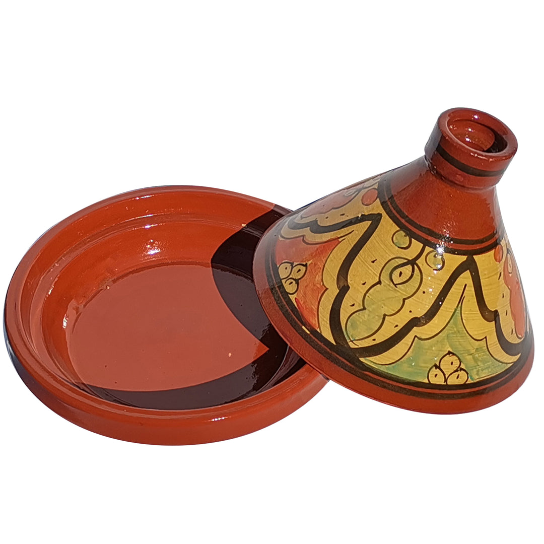 Geglazuurd Tajine van klei voor 4-6 personen, Marokkaans beschilderde braadpan met open deksel als kookpot voor lamsvlees of vis