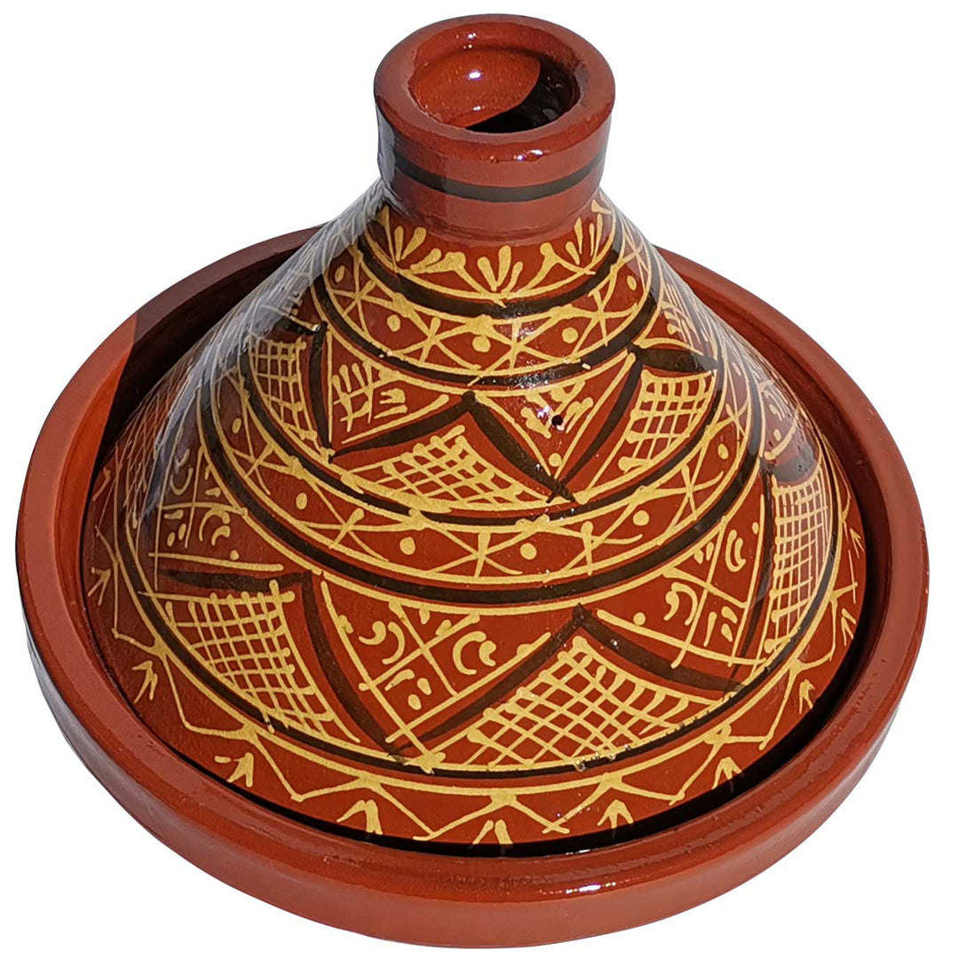 Geglazuurde Marokkaans Tajine gemaakt van klei met henna-decoratie, traditionele braadpan voor aromatische recepten