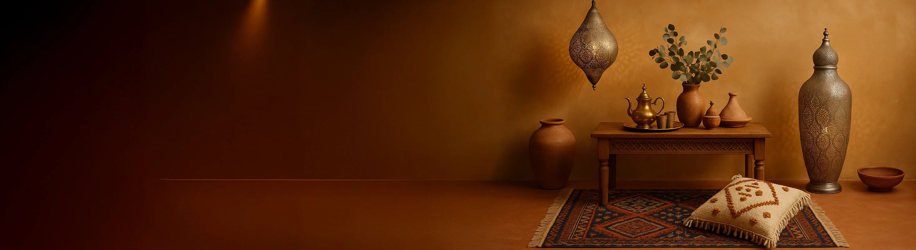 Maroc – Marokkaans decoratief arrangement met oosterse hanglampen, terracotta vazen, uitgesneden ornamenten, Tajine en koperen dienblad.