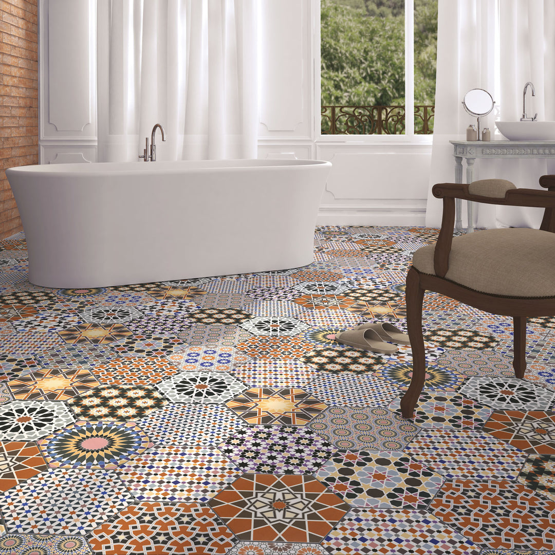 Carreaux patchwork oriental – hexagone 32,8x28,5 cm