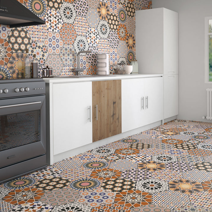 Carreaux patchwork oriental – hexagone 32,8x28,5 cm