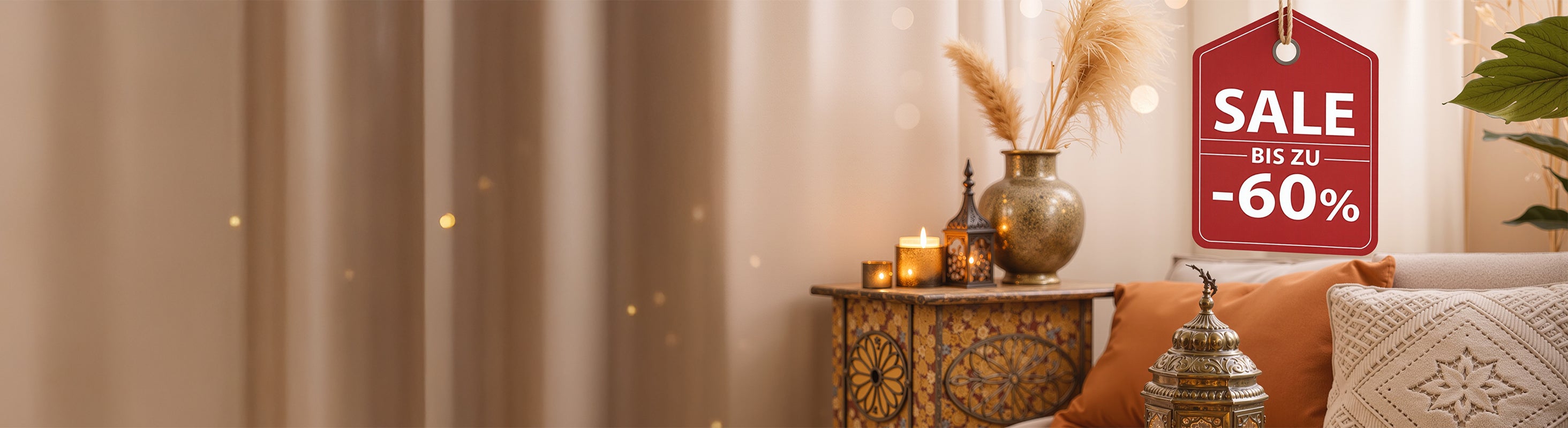 % Sale – Boho woonscène met oosterse meubels, warm licht en Sale-Let op tot 60% korting