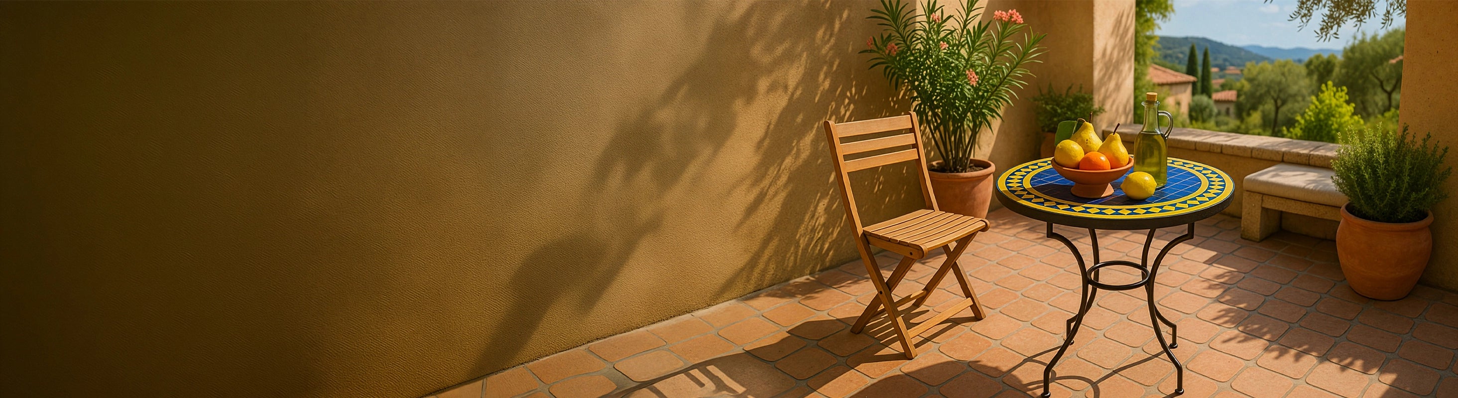 Mozaïektafels Ø60 – Ronde mozaïektafel Ø60 cm met blauwe zellige tegels als bistrotafel op zonnig terras met stoel en mediterrane sfeer - 2 personen