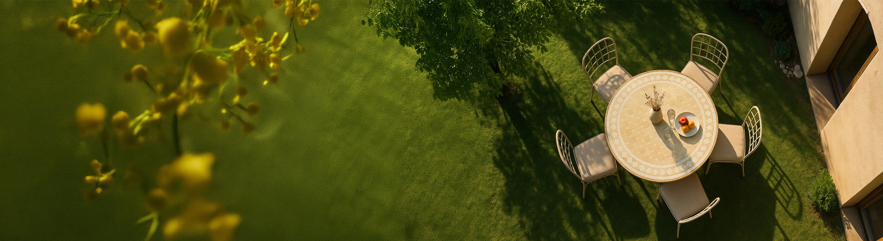 Mozaïektafels Ø90 – Grote ronde mozaïektafel Ø90 cm met zellige tegels vanuit vogelperspectief in de tuin met vier zitplaatsen en zomerse verlichting
