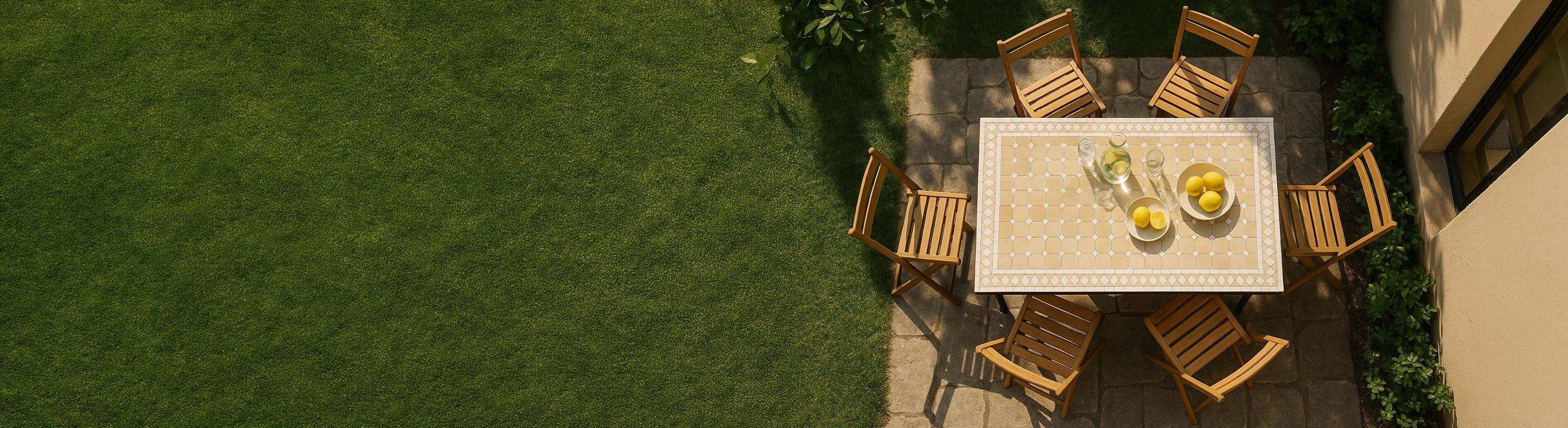 Tables mosaïques rectangulaires – Rechteckiger Mosaiktisch mit Zellige-Fliesen und mehreren Stühlen aus der Vogelperspektive im Garten auf Terrasse – großer Esstisch für Fami