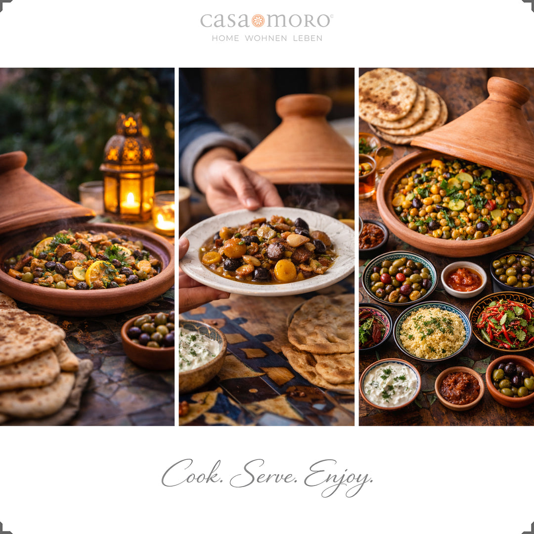 Natuurlijke Tajine uit Marokko 30 cm met aromatische kruiden en vegetarisch gerecht