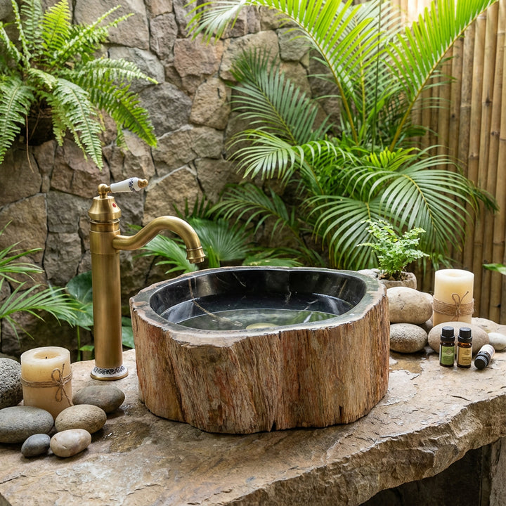 Natuurstenen opzetwastafel van versteend hout, ronde stenen buitenwastafel op massief stenen plaat met messing beslag en planten.