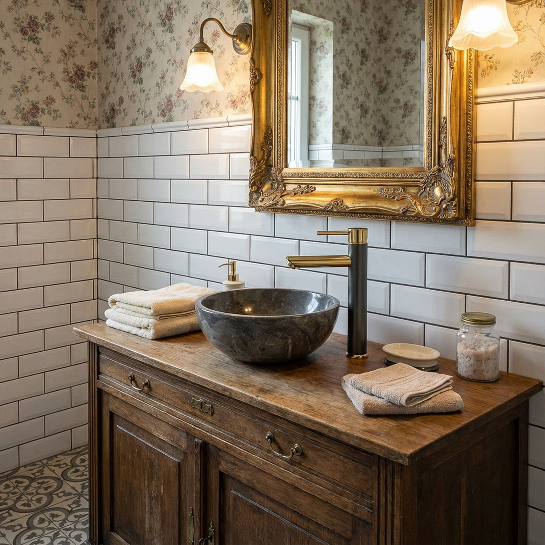 Lavabo rond à poser en pierre naturelle sur un lavabo en bois dans une élégante salle de bains avec des raccords dorés et un miroir
