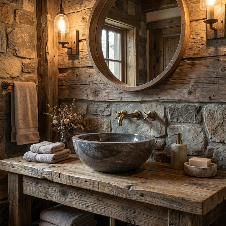 Rond Wastafel gemaakt van donkere steen op een rustieke houten console met messing beslag in een gezellige chaletbadkamersfeer