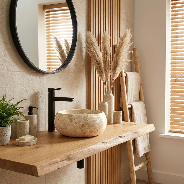 Vasque à poser ronde en pierre naturelle claire sur lavabo en bois avec robinetterie noire dans une ambiance de salle de bains lumineuse et moderne