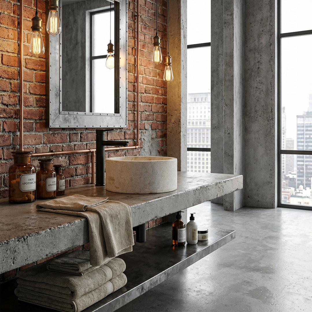 Lavabo rond en pierre naturelle beige clair sur console en béton, mis en scène dans une salle de bain loft urbain avec mur de briques.