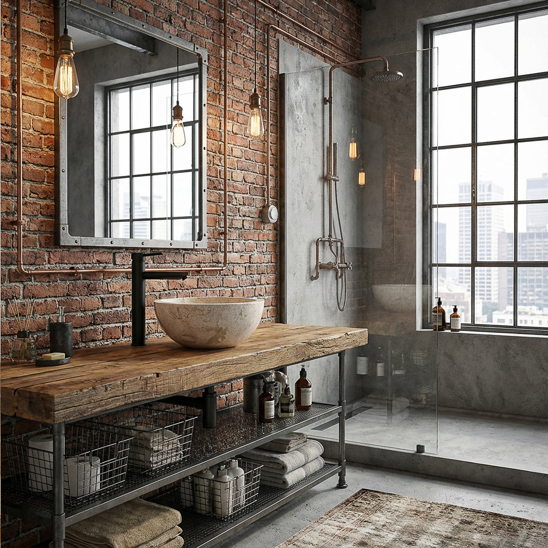Ronde natuurstenen aanrechtwastafel op rustieke houten wastafel met zwart beslag in industriële loftbadkamer