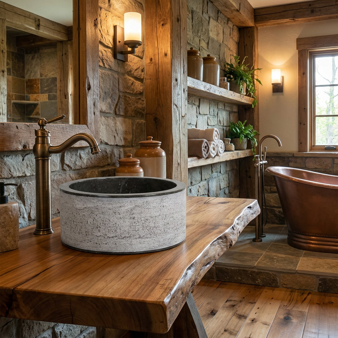 Ronde natuurstenen wastafel op massief houten console, gecombineerd met messing beslag in de warme chaletbadkamer met natuurstenen muren.