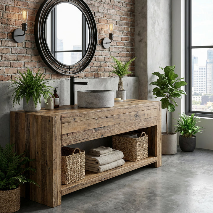 Lavabo rond en pierre naturelle sur une console en bois massif, associé à des plantes et un miroir dans une salle de bain loft cosy.