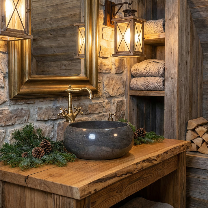 Ronde marmeren wastafel op massief houten tafel in rustieke chaletbadkamer, gecombineerd met koperen kraan, natuurstenen muur en warm lantaarnlicht