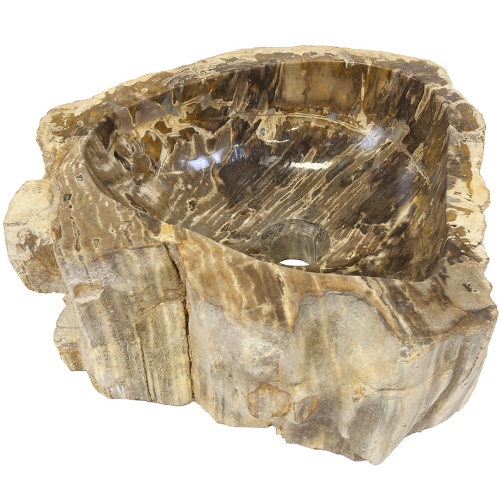 Natuurstenen opzetwastafel van versteend hout, vrijstaand tegen een witte achtergrond met een onregelmatige steenvorm en versteende nerven.