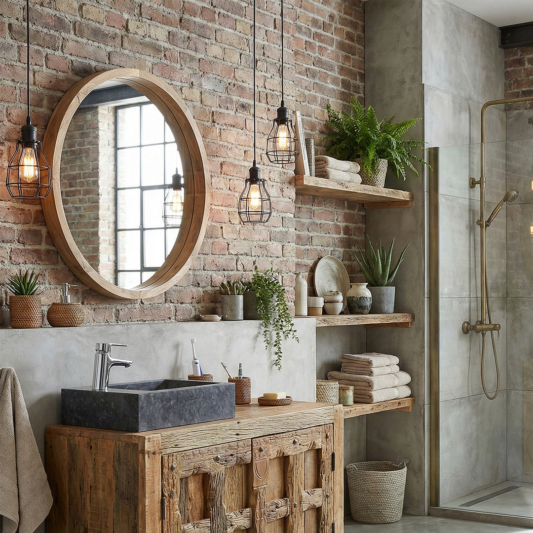 Vierkante natuurstenen wastafel op rustieke houten wastafel in industriële badkamer, gecombineerd met chromen kraan, bakstenen muur, open planken en warm licht