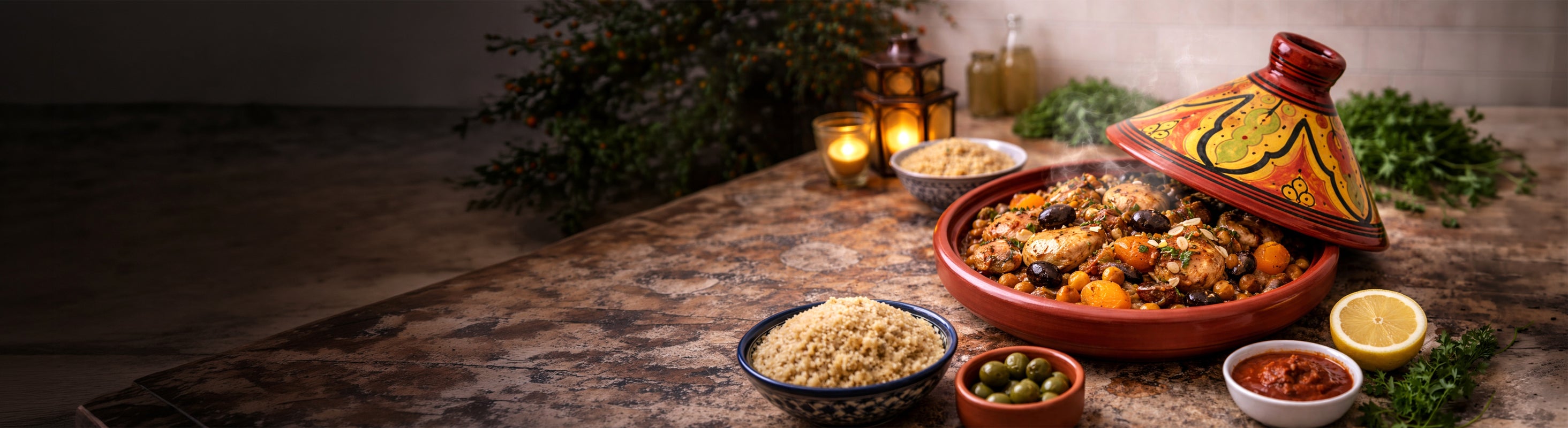 Tajine – Marokkaanse Tagine als traditionele stoofpot van klei met geschilderde deksel, gevuld met kip, groenten en olijven.