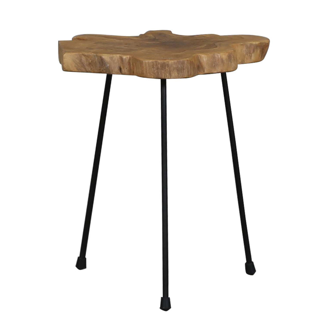 Support pour plantes avec plateau en teck massif sur trois pieds en fer