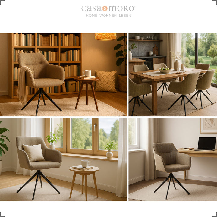 Collage de chaises rembourrées pivotantes à 360° avec accoudoirs marron, illustré dans la salle à manger, le salon, le coin lecture et le bureau à domicile avec une lumière chaude
