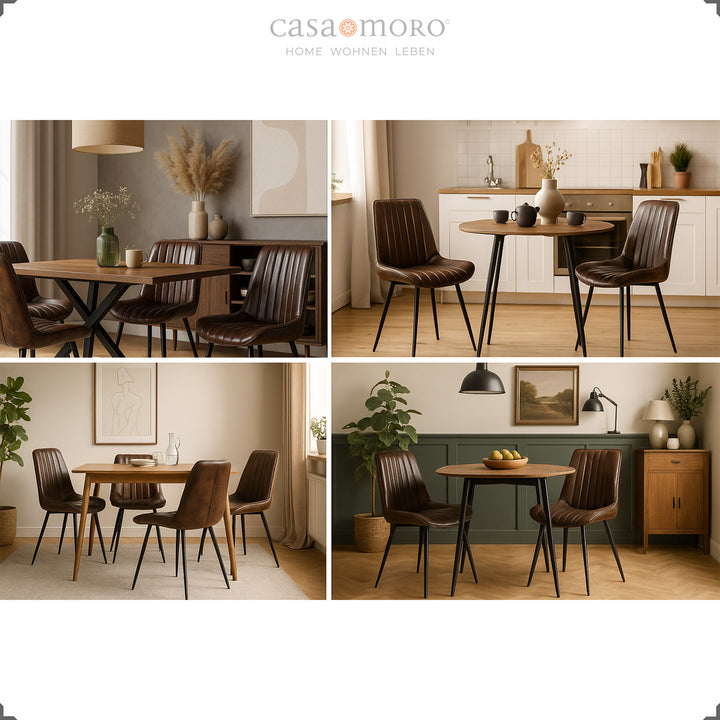 Antieke bruin lederen gestoffeerde stoelen in diverse eetkamer- en keukentaferelen met houten tafels en warme verlichting