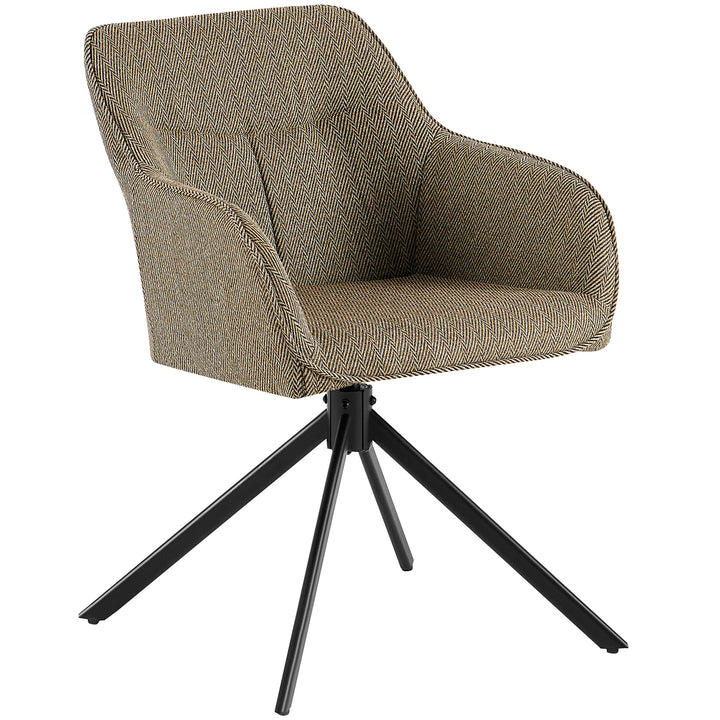 Vue oblique d'une chaise rembourrée rotative à 360° avec accoudoirs marron, recouverte d'un motif à chevrons et d'un cadre en métal noir en forme de trépied