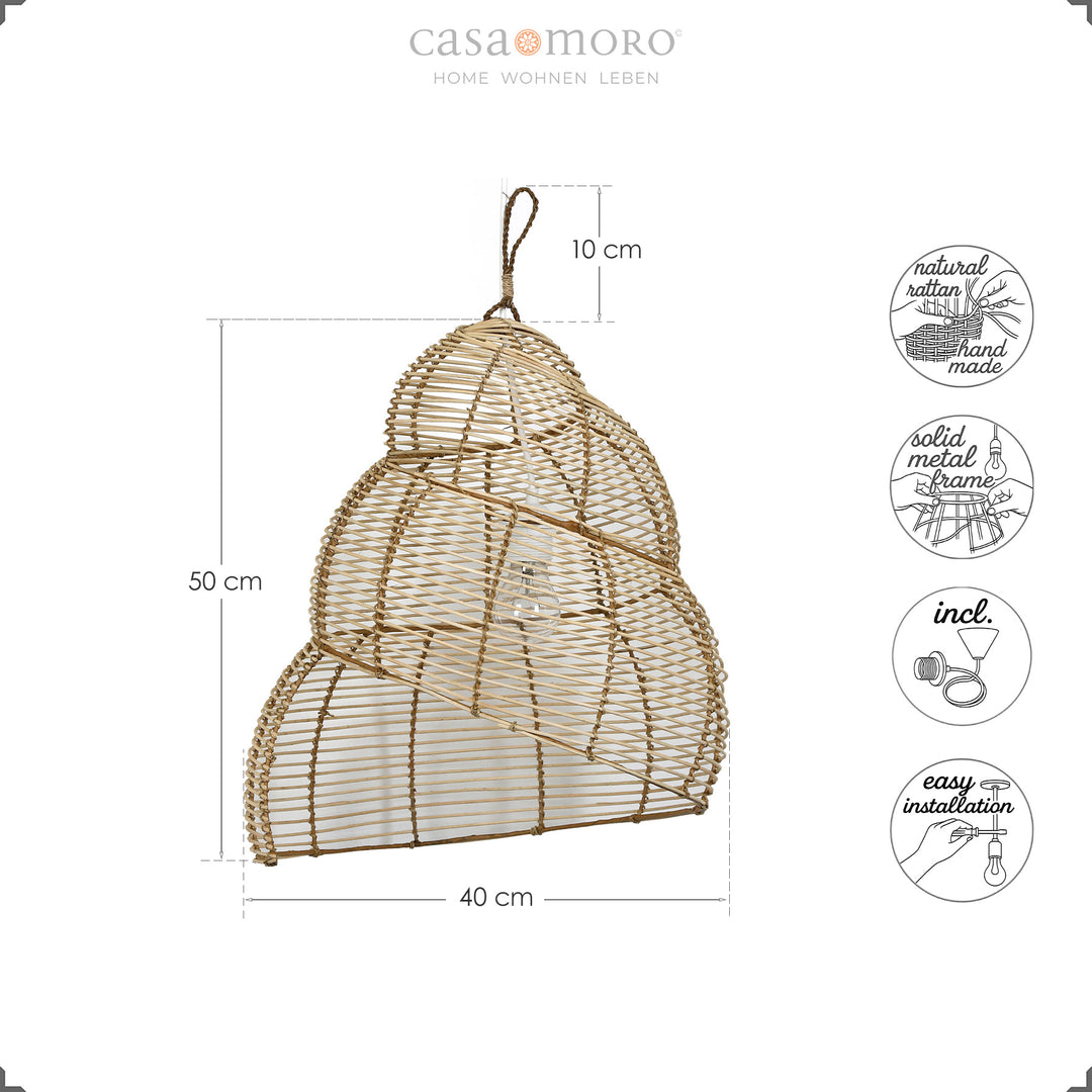 Lampe suspendue en rotin en forme de spirale avec tissage en filigrane, fabriquée à la main à partir de matériaux naturels