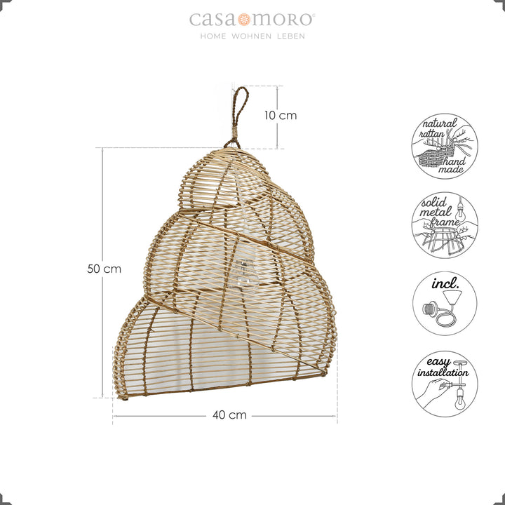 Lampe suspendue en rotin en forme de spirale avec tissage en filigrane, fabriquée à la main à partir de matériaux naturels