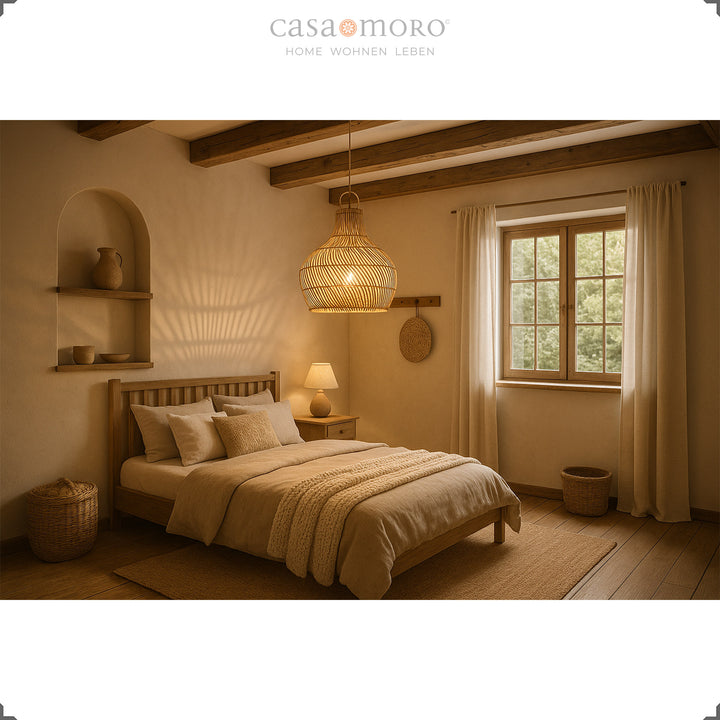 Lampe en rotin comme plafonnier dans la chambre, faite à la main et avec un jeu chaleureux d'ombre et de lumière