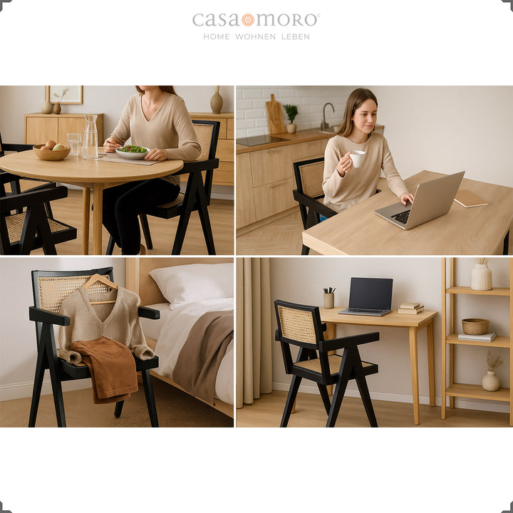 Zwarte fauteuil met Weens vlechtwerk van teak en rotan, veelzijdig in de eetkamer, slaapkamer of thuiskantoor