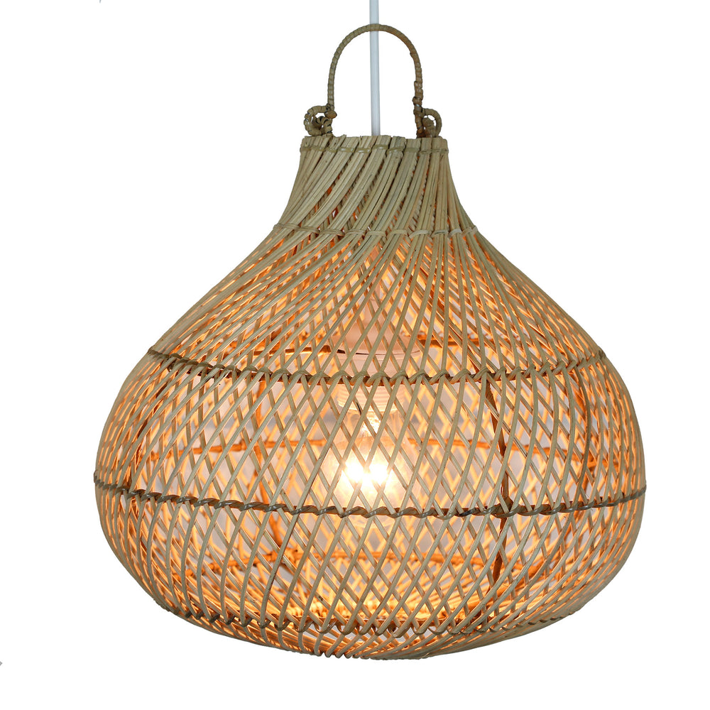 Lampe en rotin naturel en forme de larme au motif tissé fin et à la douce lueur