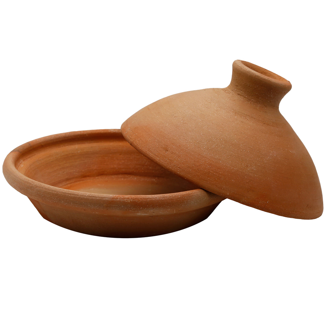 Tagine 25 cm gemaakt van klei en klei, ongeglazuurd als Marokkaanse braadpan 