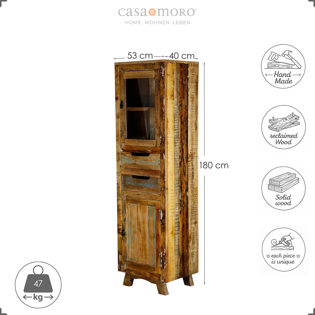 Armoire haute en bois massif et vieux bois avec tiroir et portes, hauteur 180 cm, style maison de campagne vintage