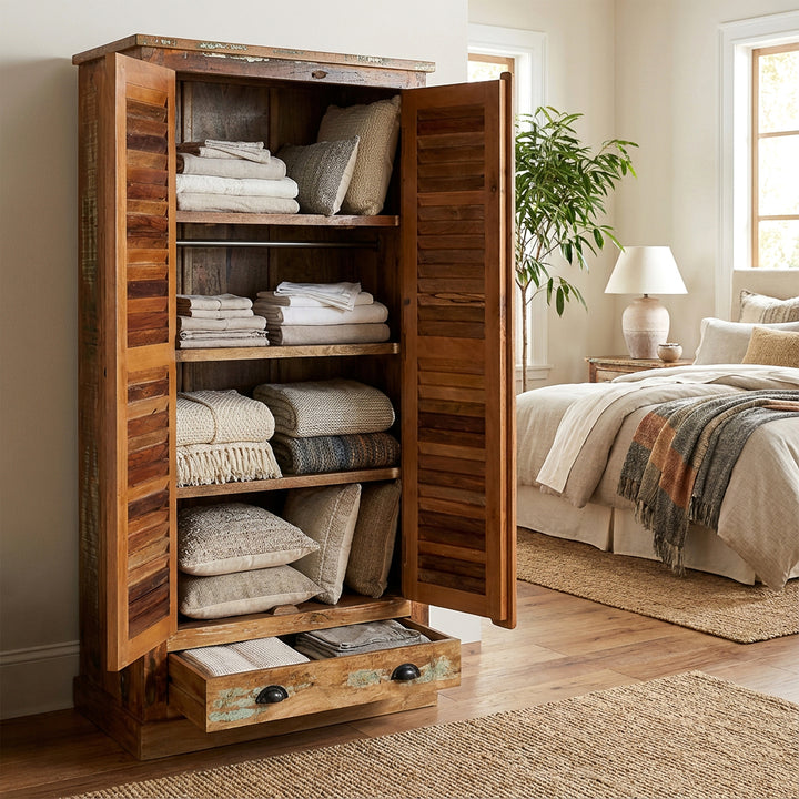 Kast van massief hout en hergebruikt hout in landelijke stijl, open in de slaapkamer geplaatst