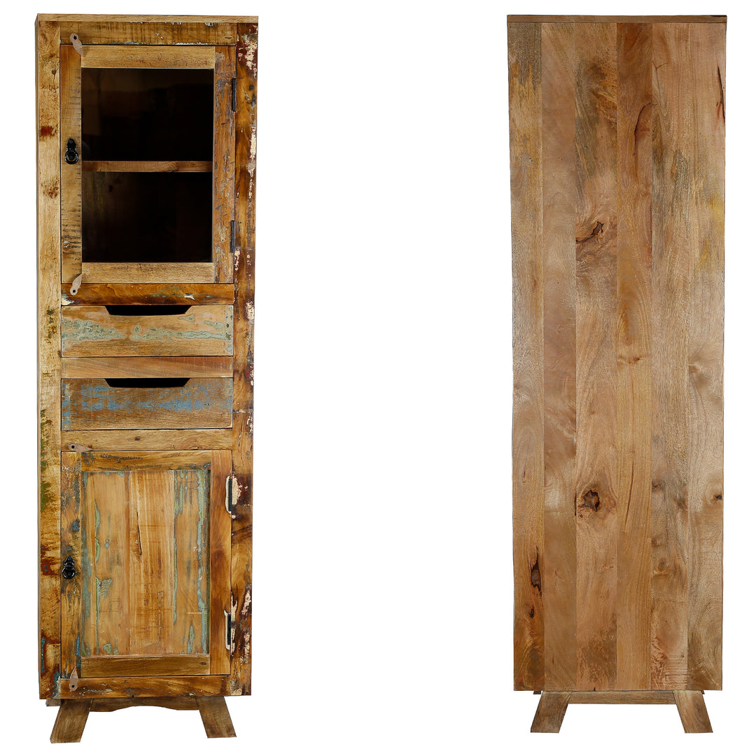 Armoire haute en bois massif et bois de récupération avec tiroir et portes de style vintage, illustrée autoportante