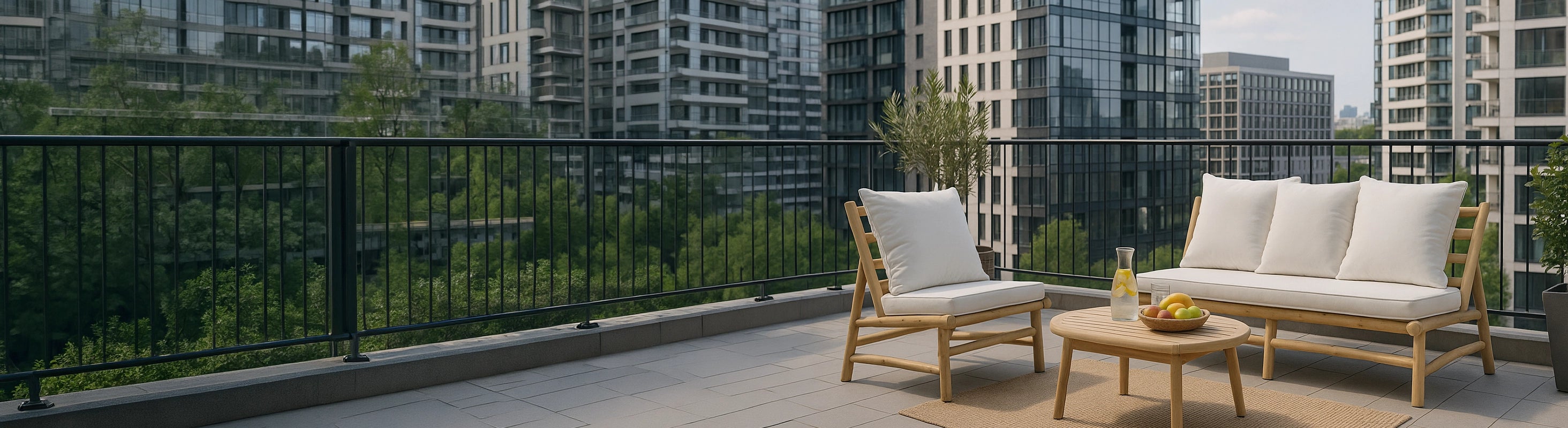 Sessel & Sofas – Sessel und Sofa aus Teakholz mit Polstern auf modernem Balkon mit Stadtblick – komfortable Lounge-Möbel für Außenbereich