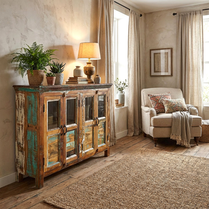 Woonkamerdressoir van massief hout met glazen deuren in vintage stijl