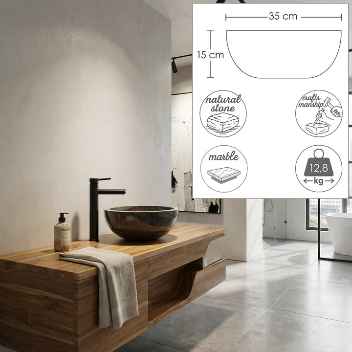 Ronde opzetwastafel van natuursteen op een houten wastafel, aangevuld met maattekeningen met diameter en hoogte