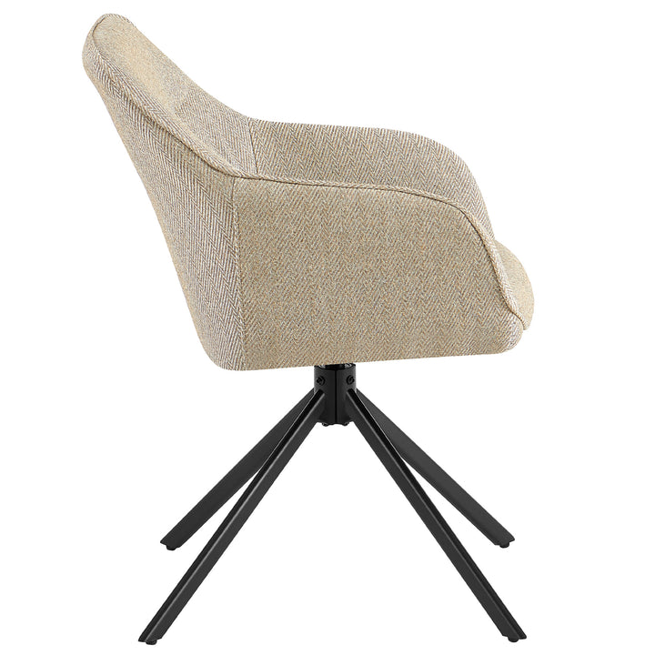 Vue latérale d'une chaise rembourrée rotative à 360° avec accoudoirs en tissu structurel rembourré beige et un cadre en métal noir robuste