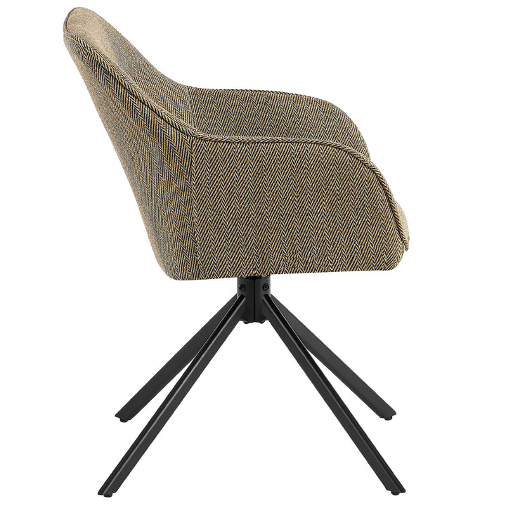 Vue latérale d'une chaise rembourrée rotative à 360° avec accoudoirs en tissu structurel rembourré marron à motif à chevrons et structure en métal noir