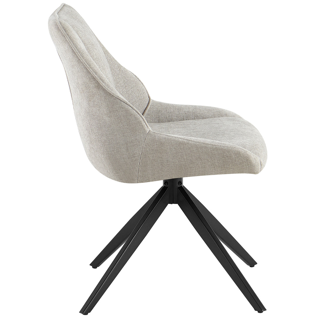 Vue latérale de la chaise de salle à manger rotative à 360° gris clair avec dossier et structure en métal noir - chaise rembourrée de forme ergonomique et fonction de retour automatique