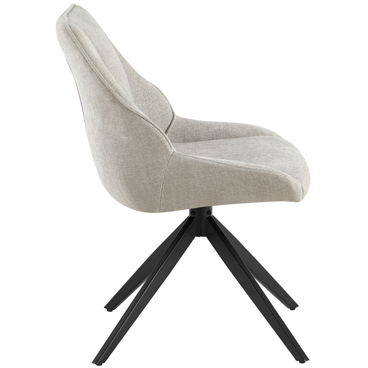 Vue latérale de la chaise de salle à manger rotative à 360° gris clair avec dossier et structure en métal noir - chaise rembourrée de forme ergonomique et fonction de retour automatique