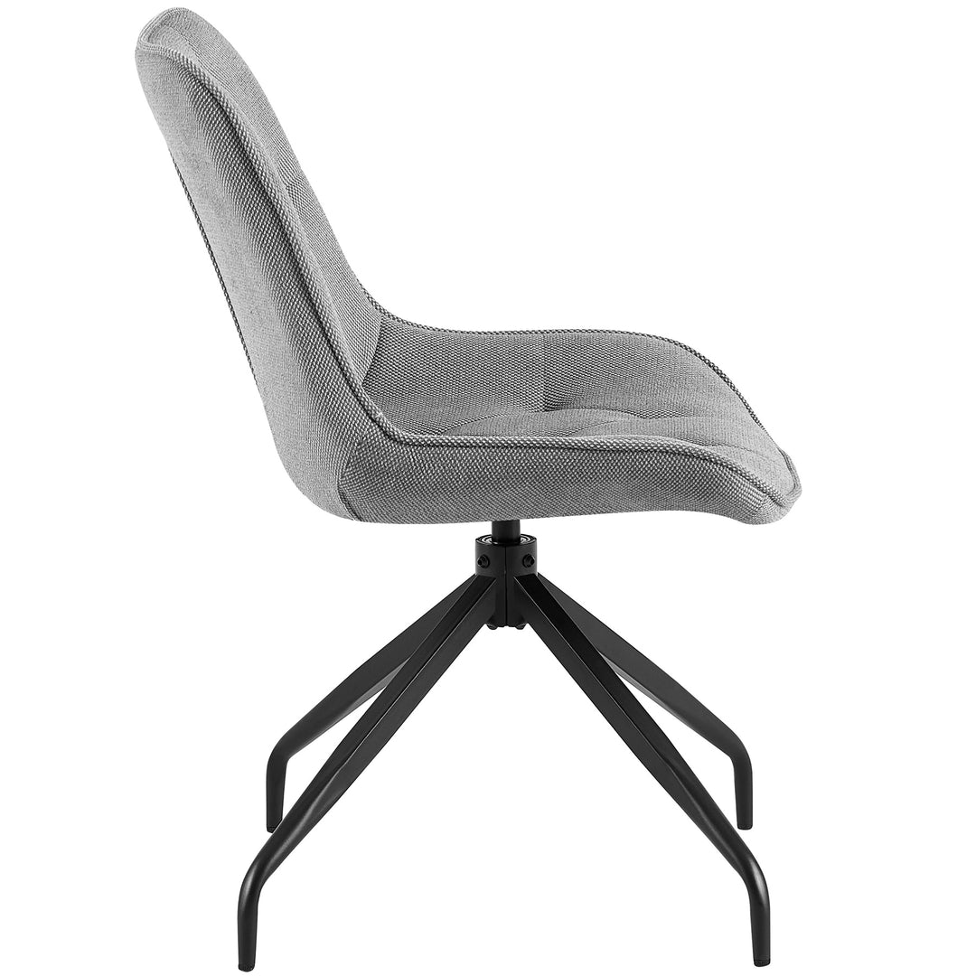 Vue latérale de la chaise de salle à manger grise avec fonction pivotante à 360° et structure en métal noir - forme ergonomique avec rembourrage doux