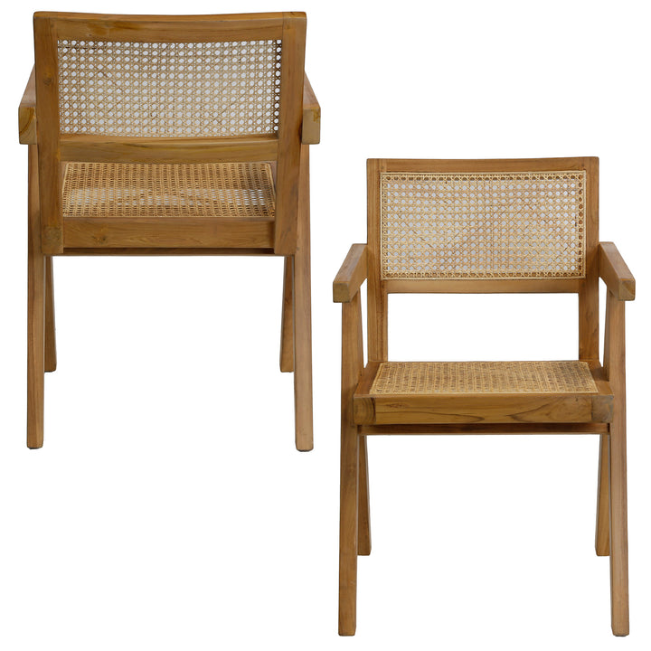 Voor- en achteraanzicht van de fauteuil met Weens vlechtwerk, gemaakt van teakhout en handgemaakt