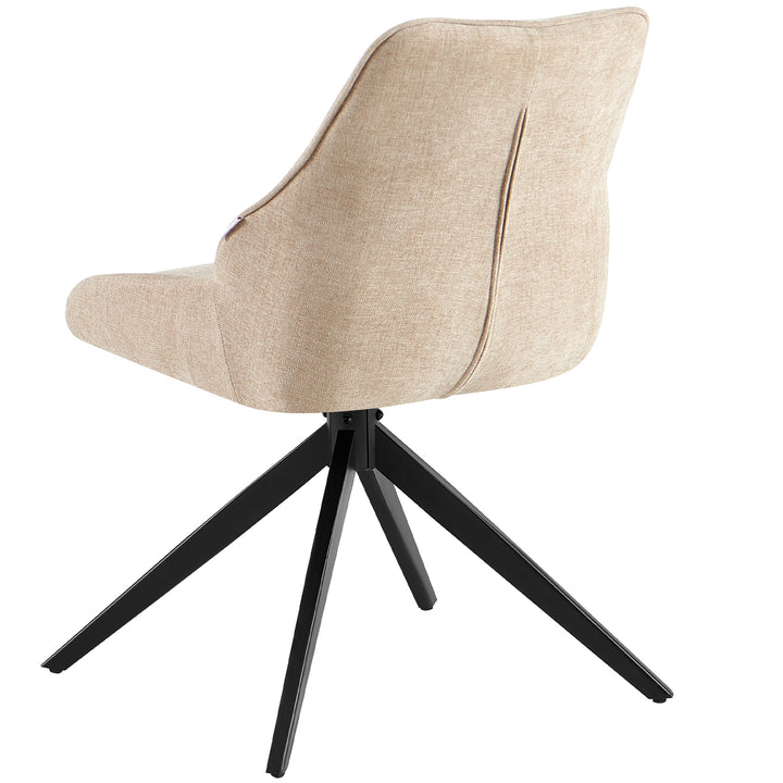 Vue arrière d'une chaise de salle à manger pivotante à 360° de couleur marron clair avec un dossier rembourré et une structure en métal noir en forme de trépied moderne