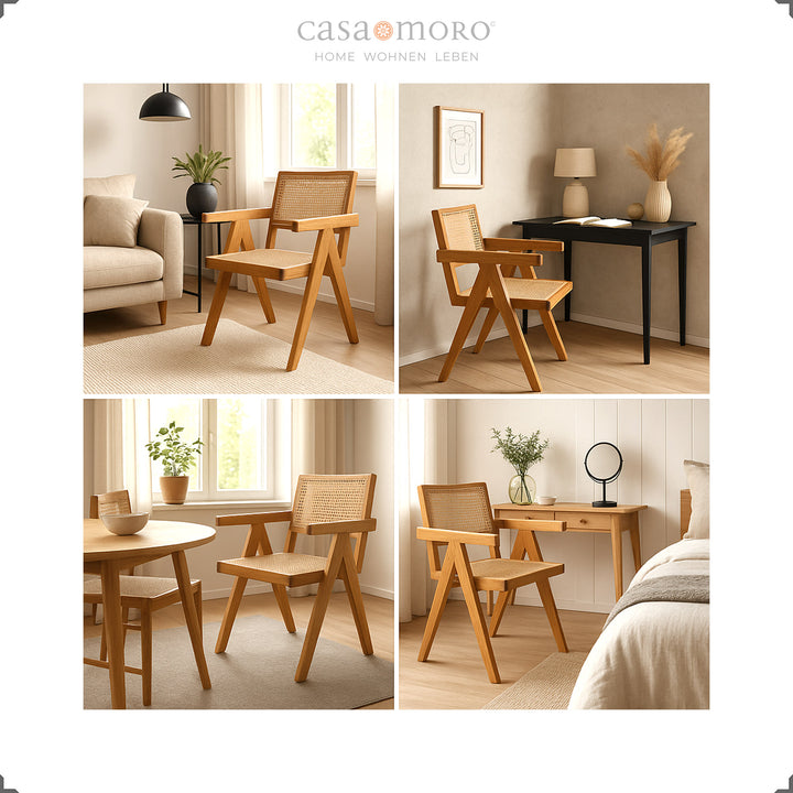 Eetkamer met teakhouten stoelen en Weens rieten, harmonieuze sfeer met licht hout en natuurlijke tinten