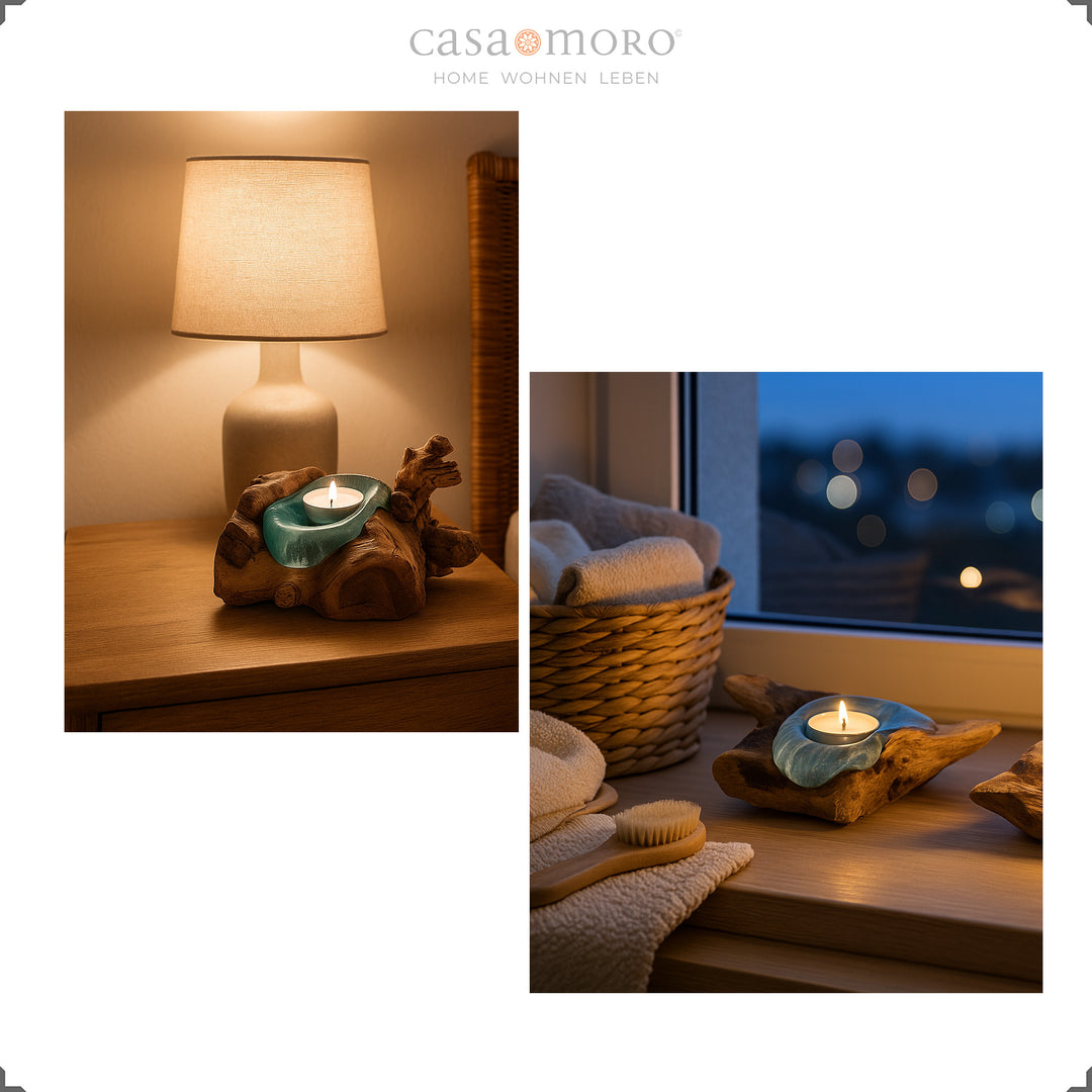 Twee scènes met theelichthouders van glas en wortelhout, waarvan het warme kaarslicht slaapkamer- en vensterbankmomenten zacht verlicht.