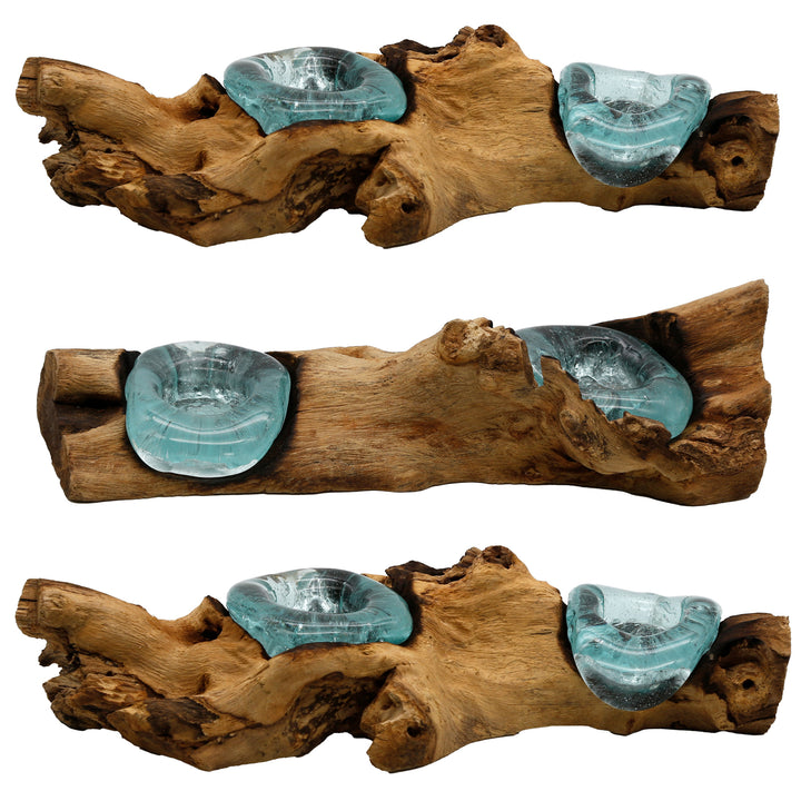 Drie varianten van de langwerpige theelichthouder van glas en wortelhout, elk met een individuele vorm en handgemaakt karakter.