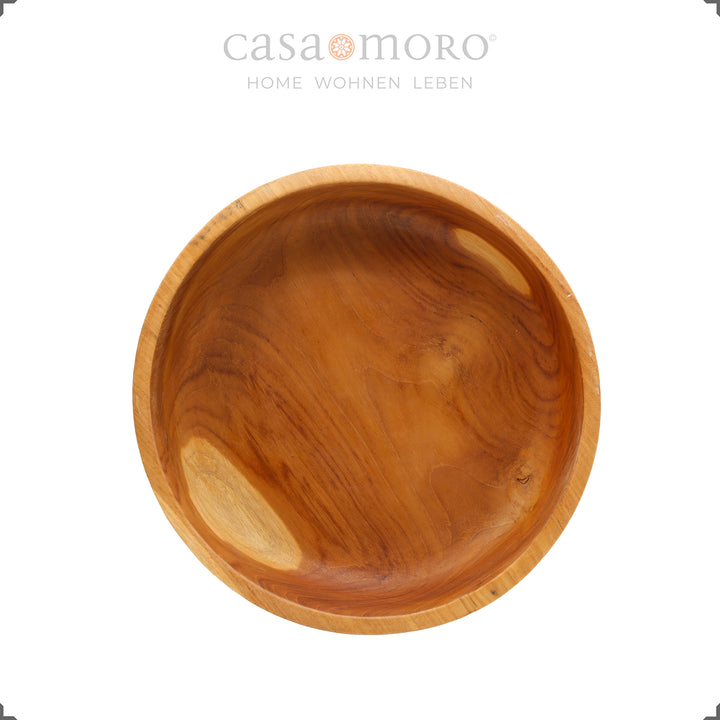 Flache Teakholzschale mit präzisen Maßen für dekorativen Einsatz am Tisch