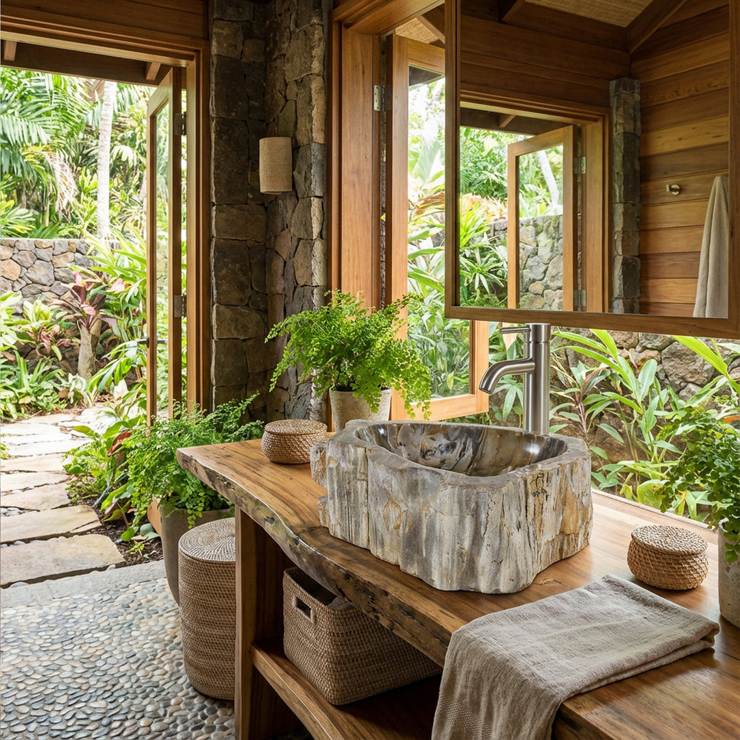 Stenen wastafel van versteend hout als opzetwastafel op een massief houten paneel, ingebed in een natuurlijke badkamer met uitzicht op de tuin.